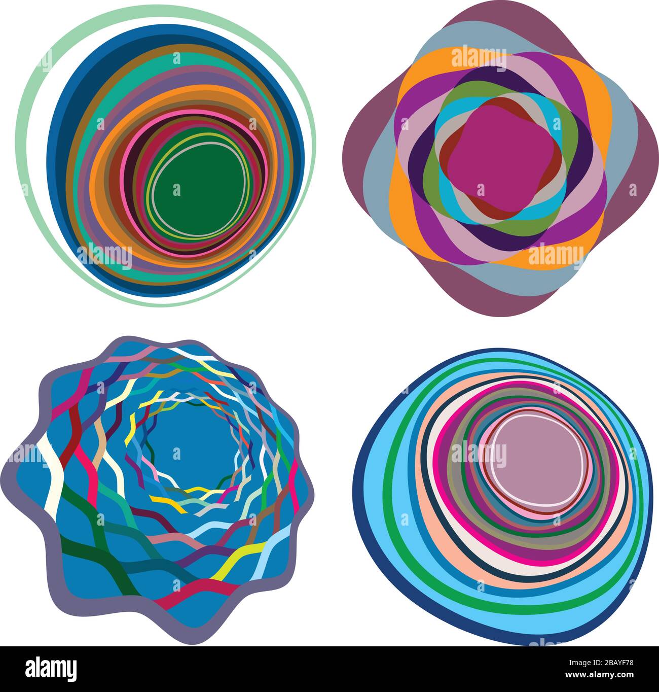 Set of mottled, multi color and colorful spiral, swirl, twirl shapes. Vortex, whorl shape with rotation, spin, coiling distortion effect Stock Vector
