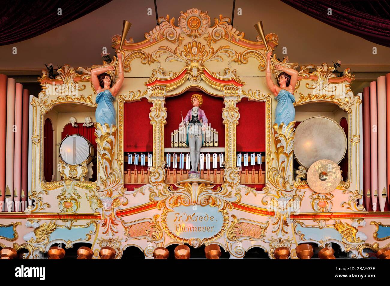 Old Fritz Wrede carousel organ with conductor as figure, fairground organ, historical Oktoberfest, Munich, Upper Bavaria, Bavaria, Germany Stock Photo