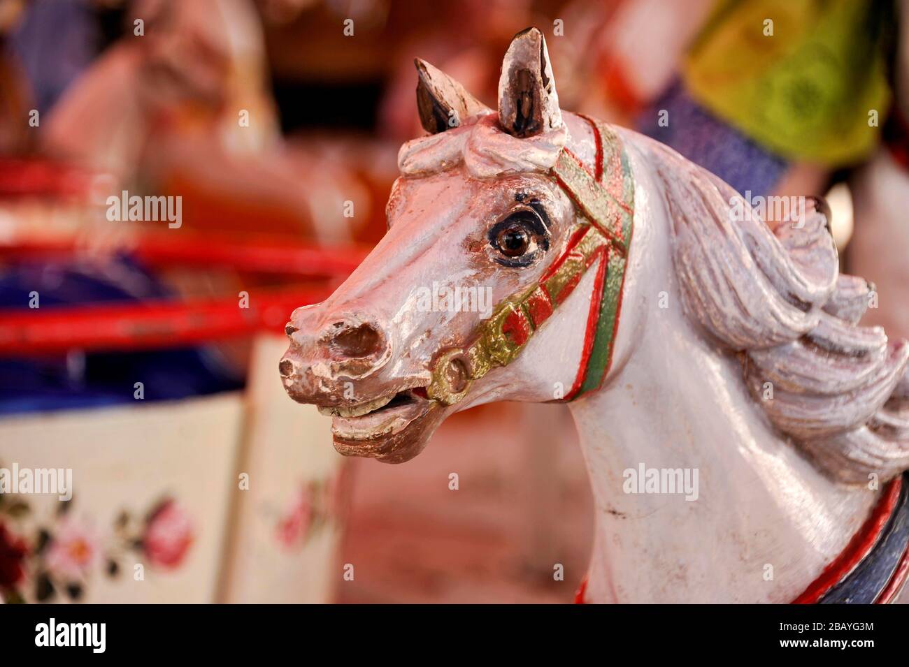 Wooden horse, old carousel, historical Oktoberfest, Munich, Upper Bavaria, Bavaria, Germany Stock Photo