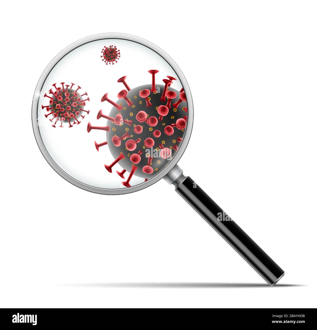 Coronavirus 2019-ncov outbreak. Banner with magnifying glass found red coronavirus molecule. Medical virus disease. vector illustration. Stock Vector
