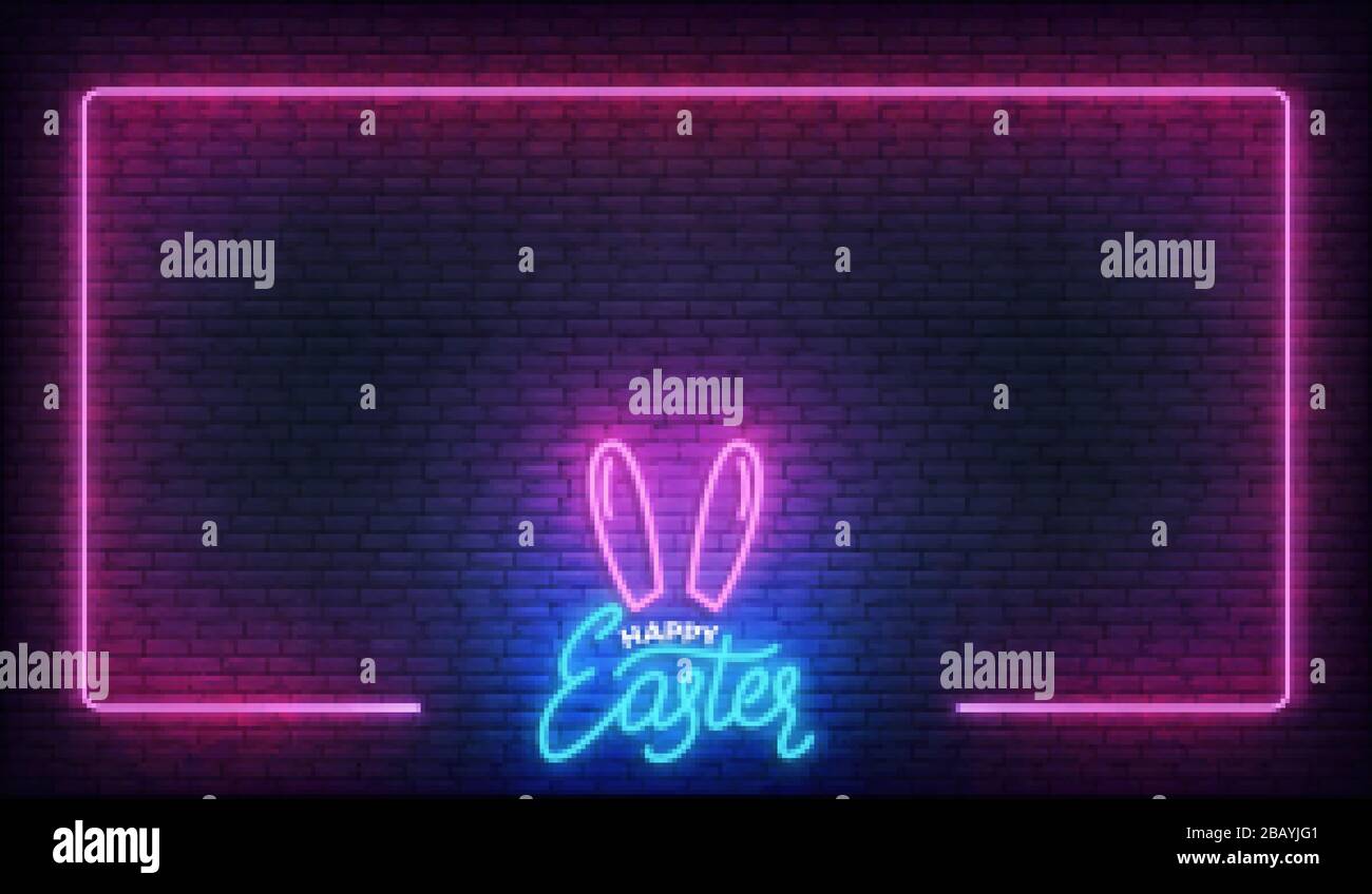Easter neon background. Easter template with lettering and glowing frame Stock Vector