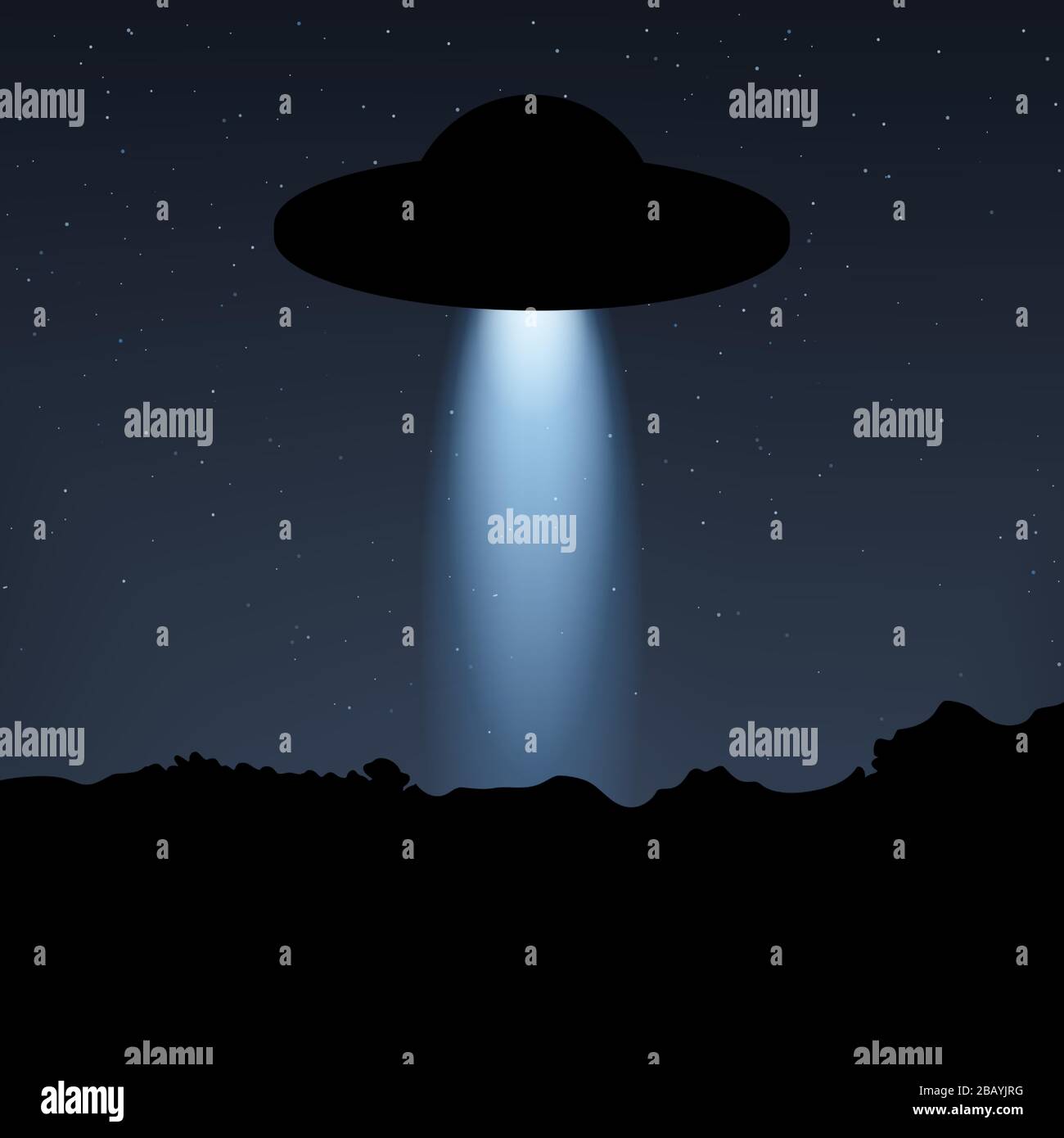 UFO light beam. Vector illustration. Spaceship in the night sky. Stock Vector