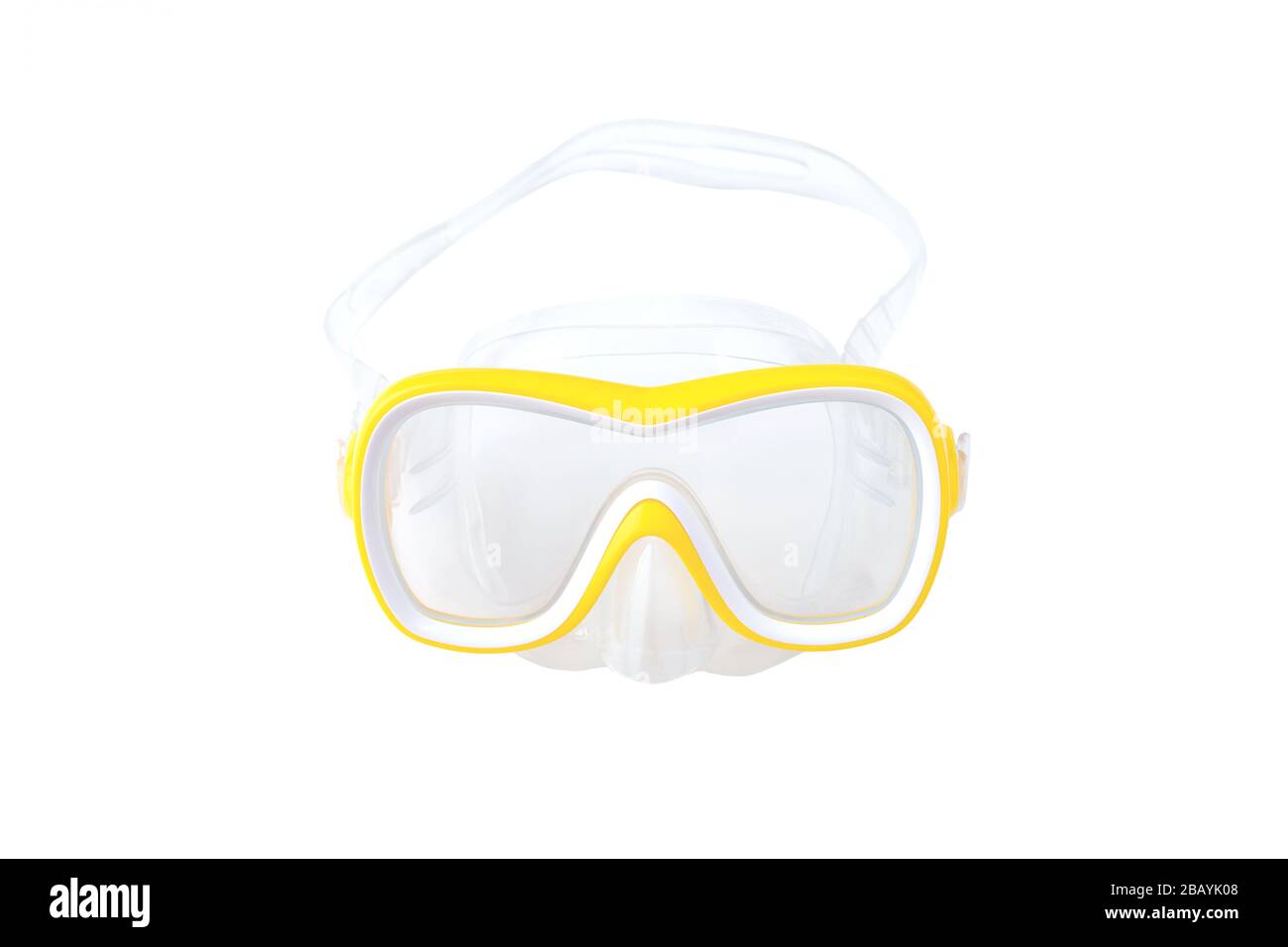 flat lay shot of yellow diving mask isolated on white background. Stock Photo