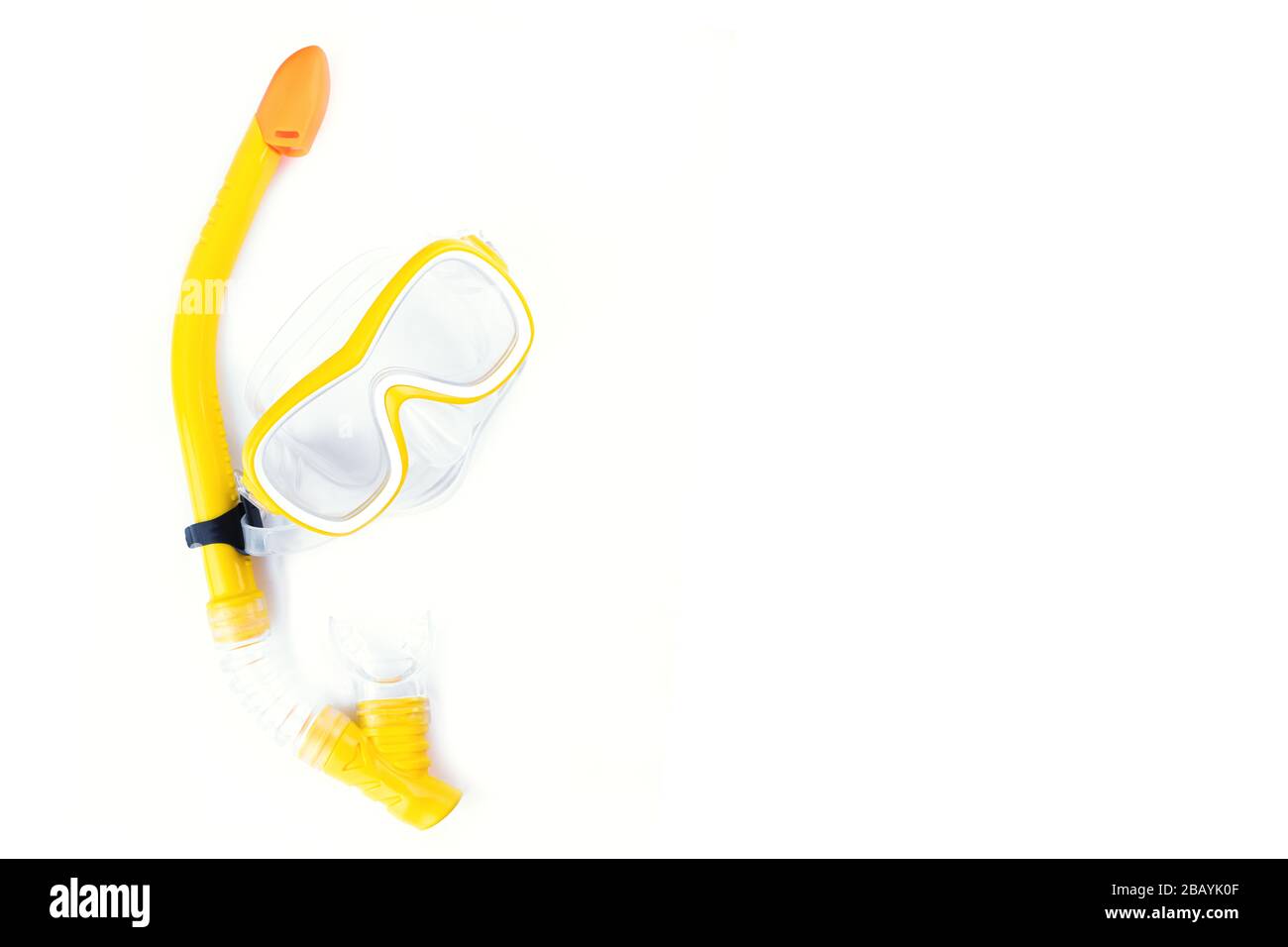 Banner with white and yellow diving mask and snorkel isolated on white ...