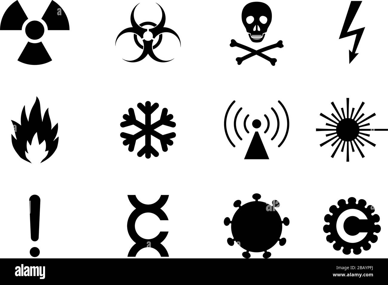 Varied danger and hazard symbols. Simple icons of a common jeopardies Stock Vector