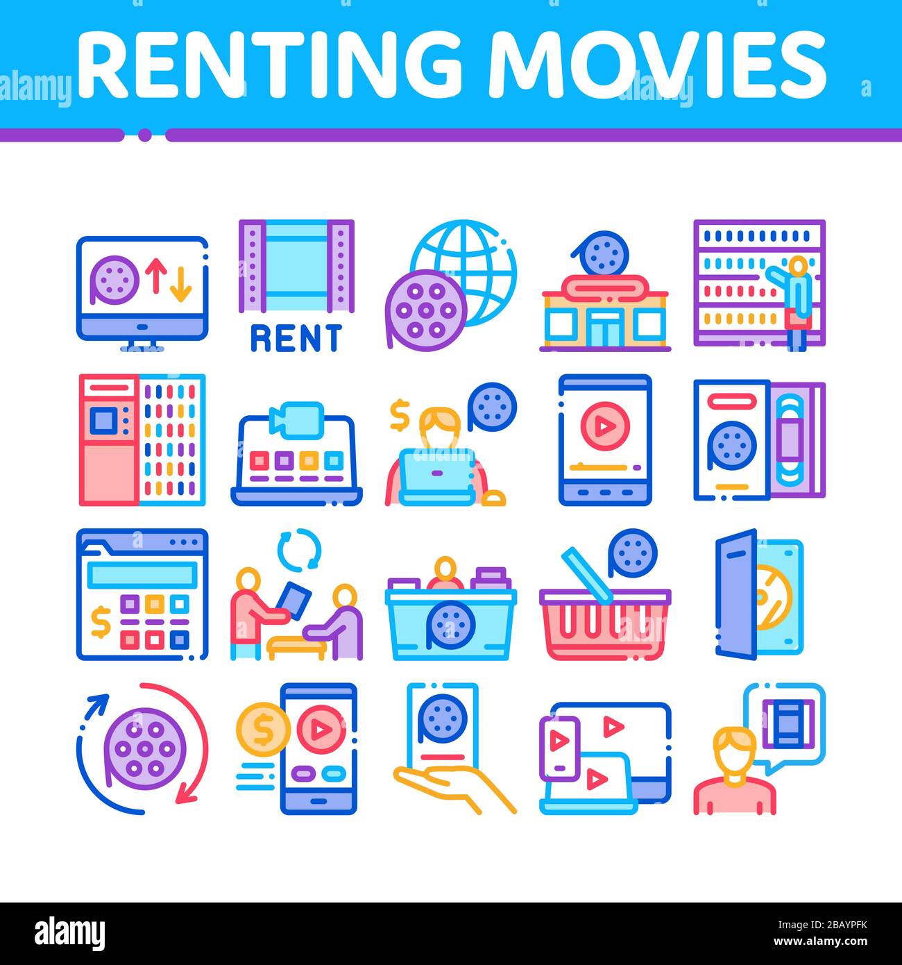Renting Movies Service Collection Icons Set Vector Stock Vector Image ...