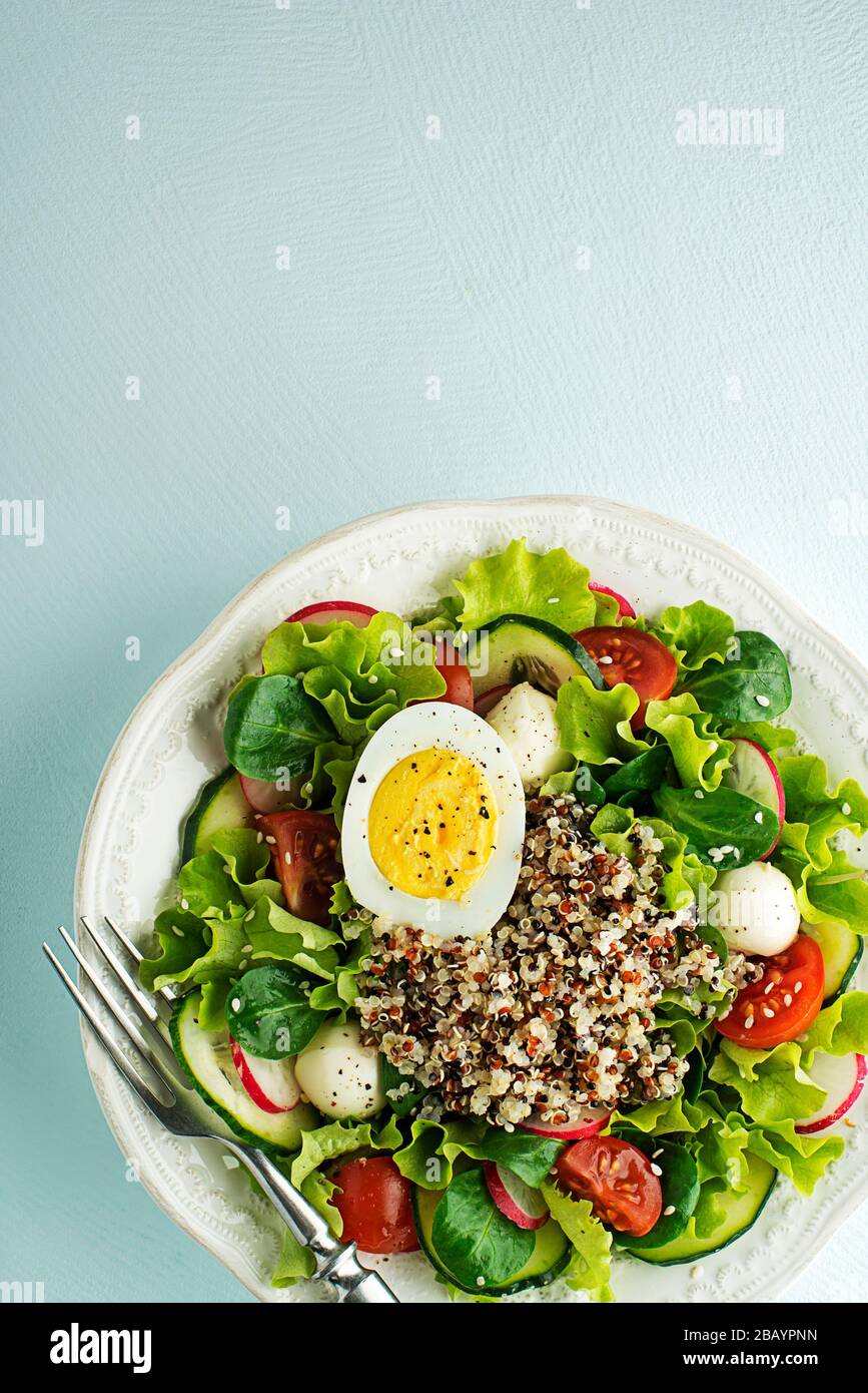 Healthy Green salad meal with egg, fresh vegetables and quinoa seeds on blue table background Stock Photo