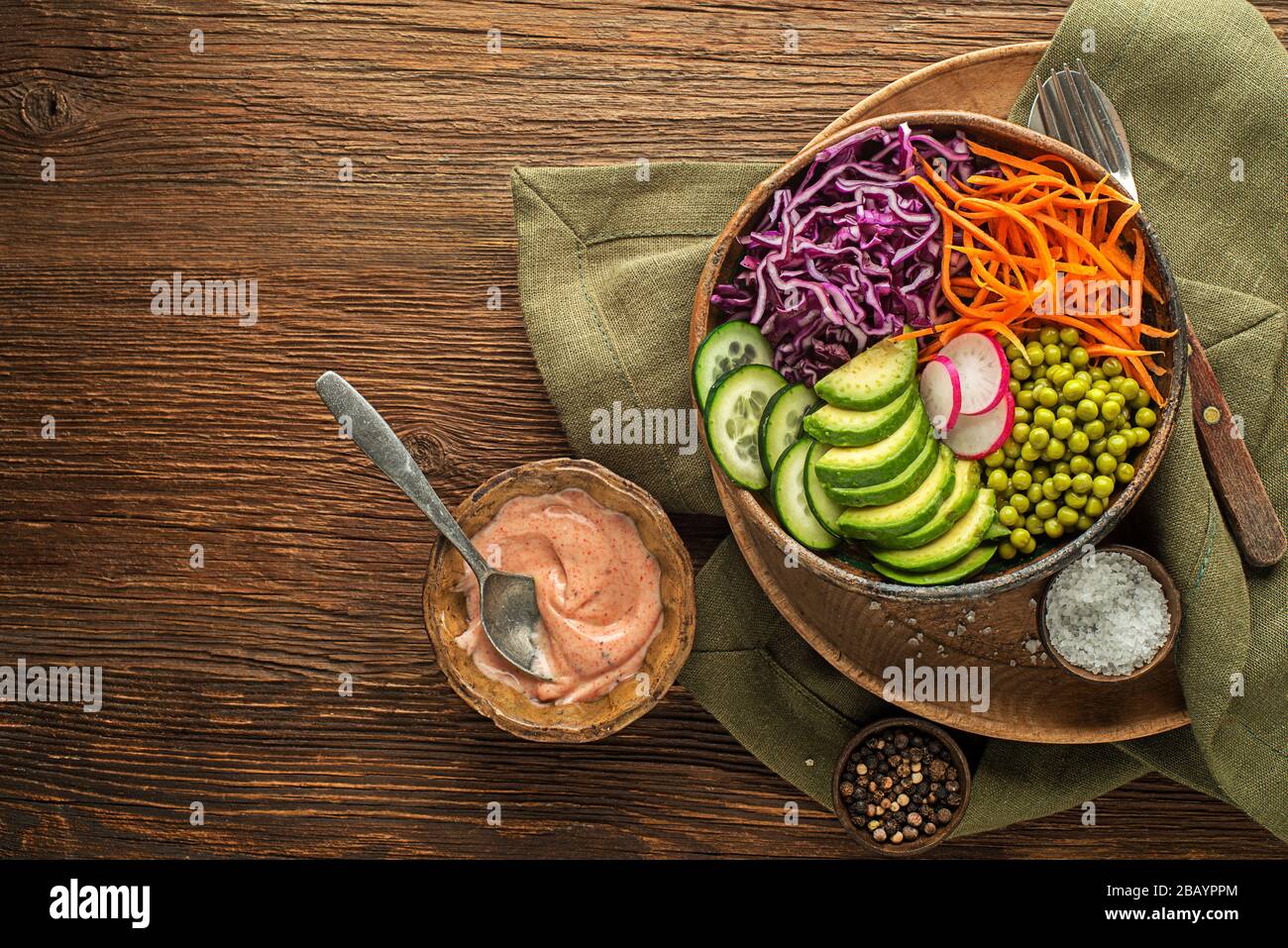 Healthy vegetable meal with cooked vegetables on wooden table Stock Photo