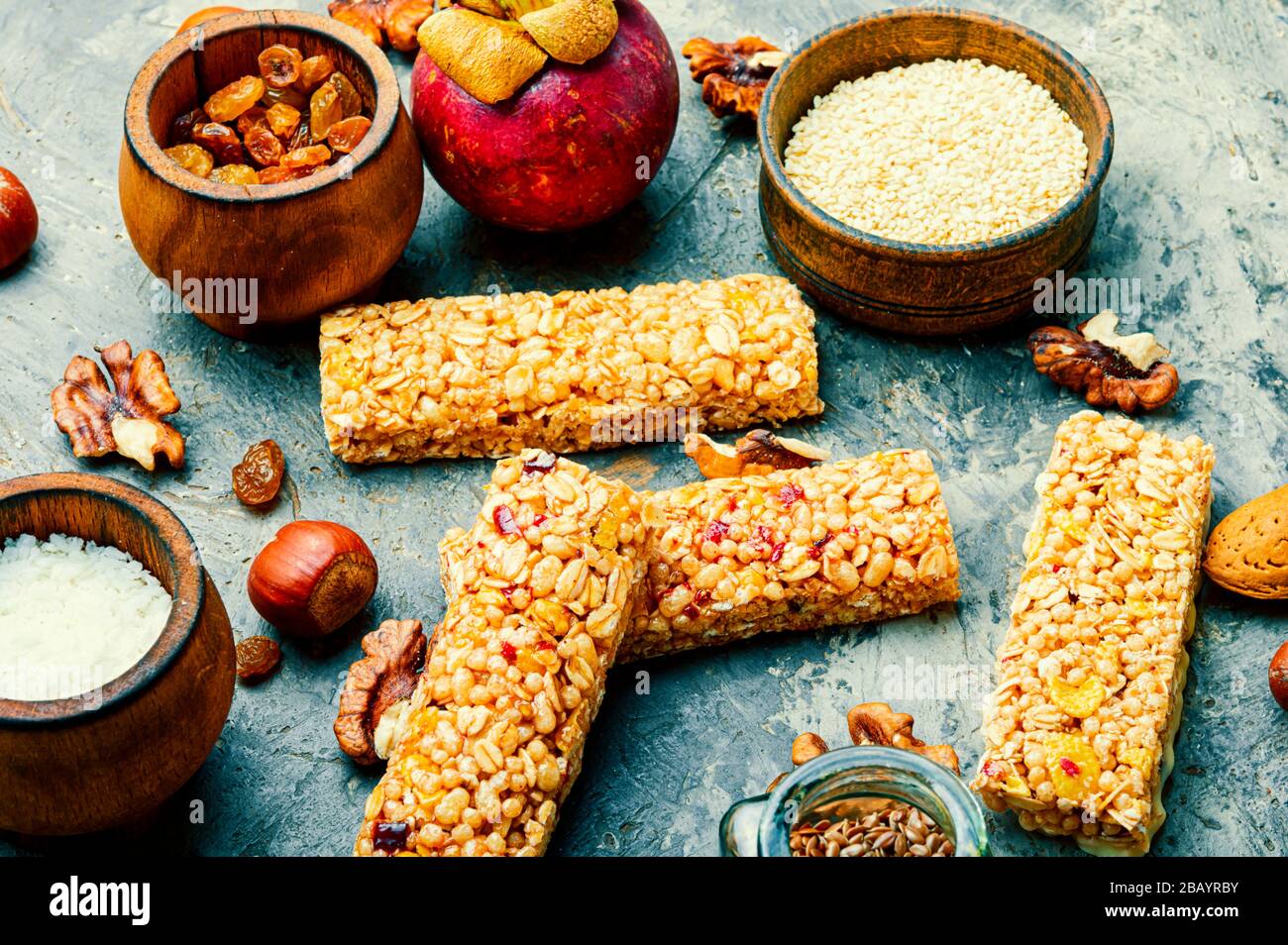 Granola energy bars with dried fruits,fruit and nuts Stock Photo