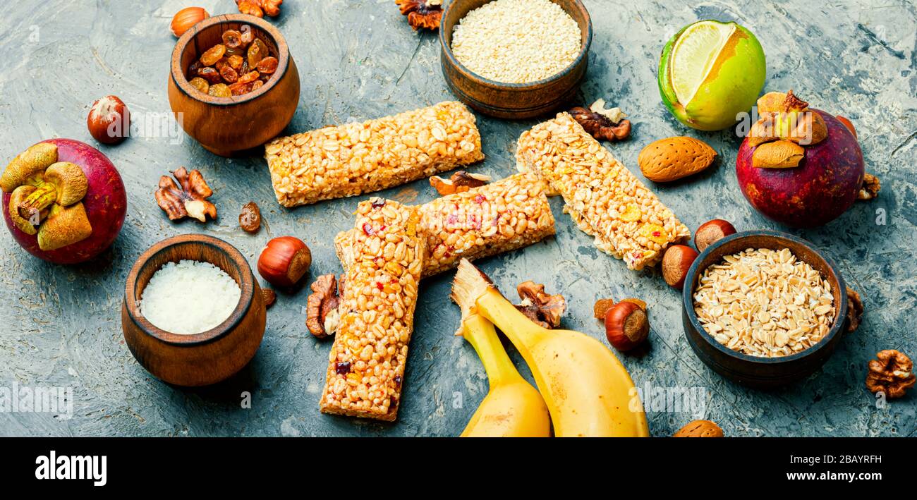 Granola energy bars with dried fruits,banana and nuts.Energy, sport, breakfast Stock Photo