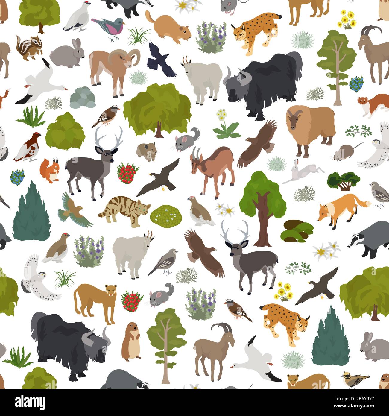 Apine tundra biome, natural region seamless pattern. Terrestrial ecosystem world map. Animals, birds and plants design set. Vector illustration Stock Vector