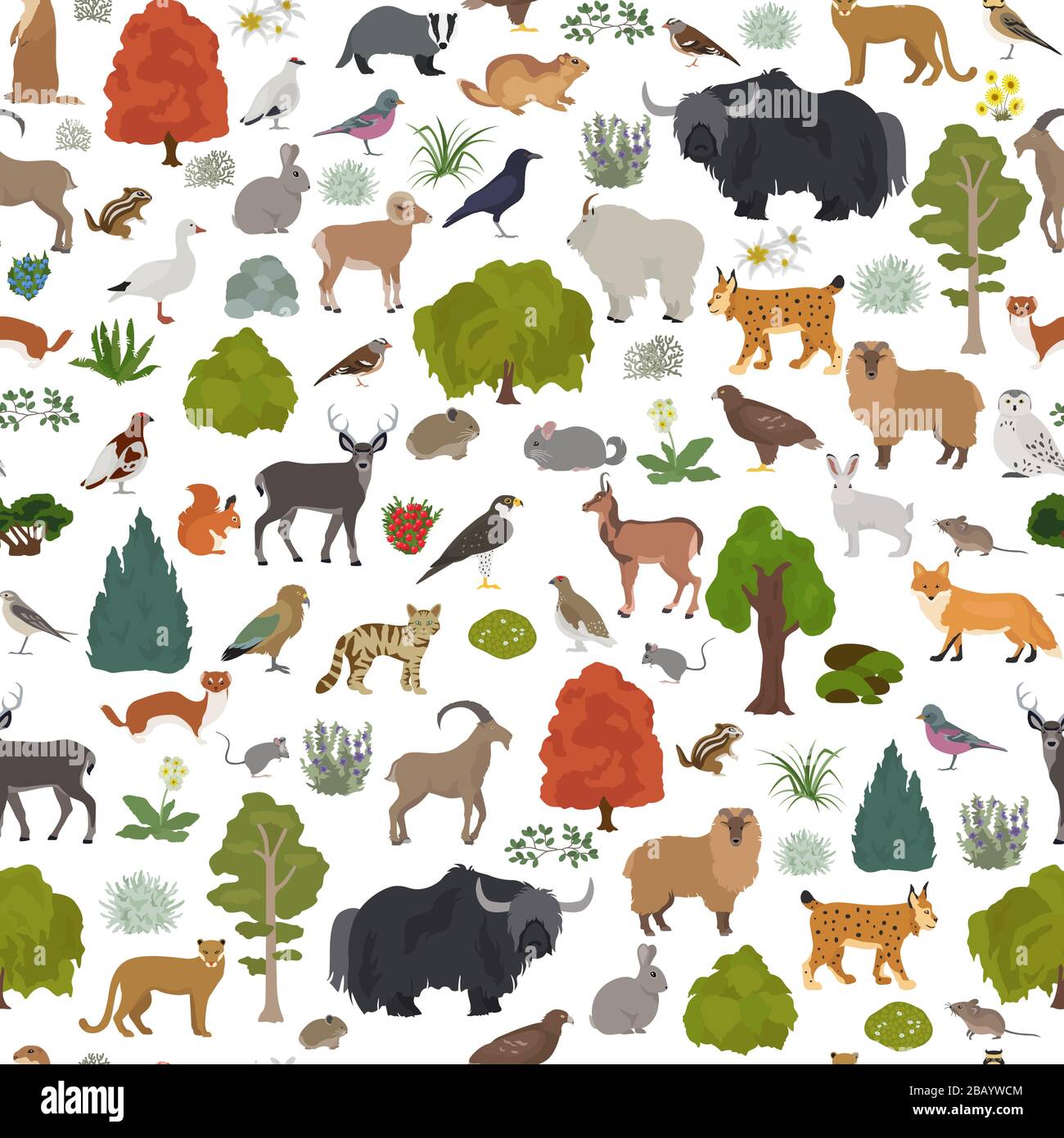Apine tundra biome, natural region seamless pattern. Terrestrial ecosystem world map. Animals, birds and plants design set. Vector illustration Stock Vector