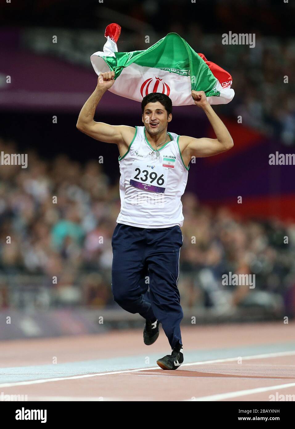 Iran's Mohammad Khalvandi celebrates winning the Men's Javelin Throw - F57/58 at the Olympic Stadium, London Stock Photo