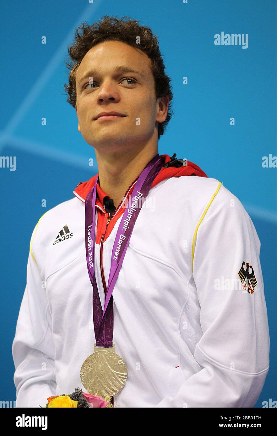 Silver Medalist Germany's Torben Schmidtke after the Men's 100m Breaststroke - SB6 Final at the Aquatics Centre, London. Stock Photo