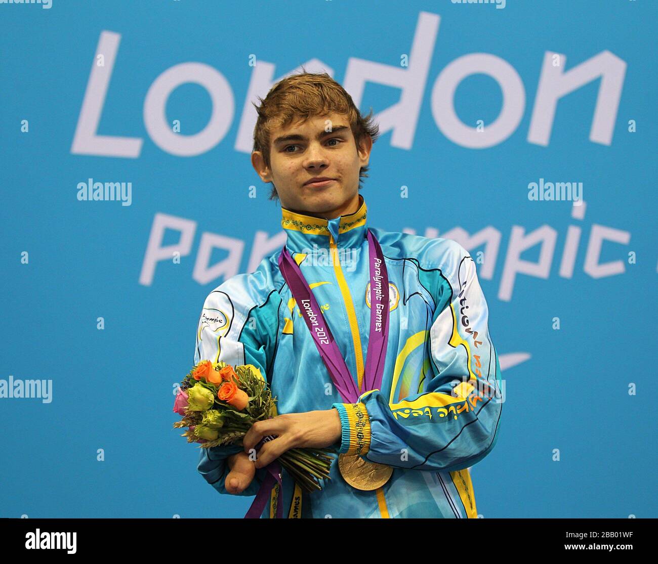Gold Medalist Ukraine's Yevheniy Bohodayko after the Men's 100m Breaststroke - SB6 Final at the Aquatics Centre, London. Stock Photo