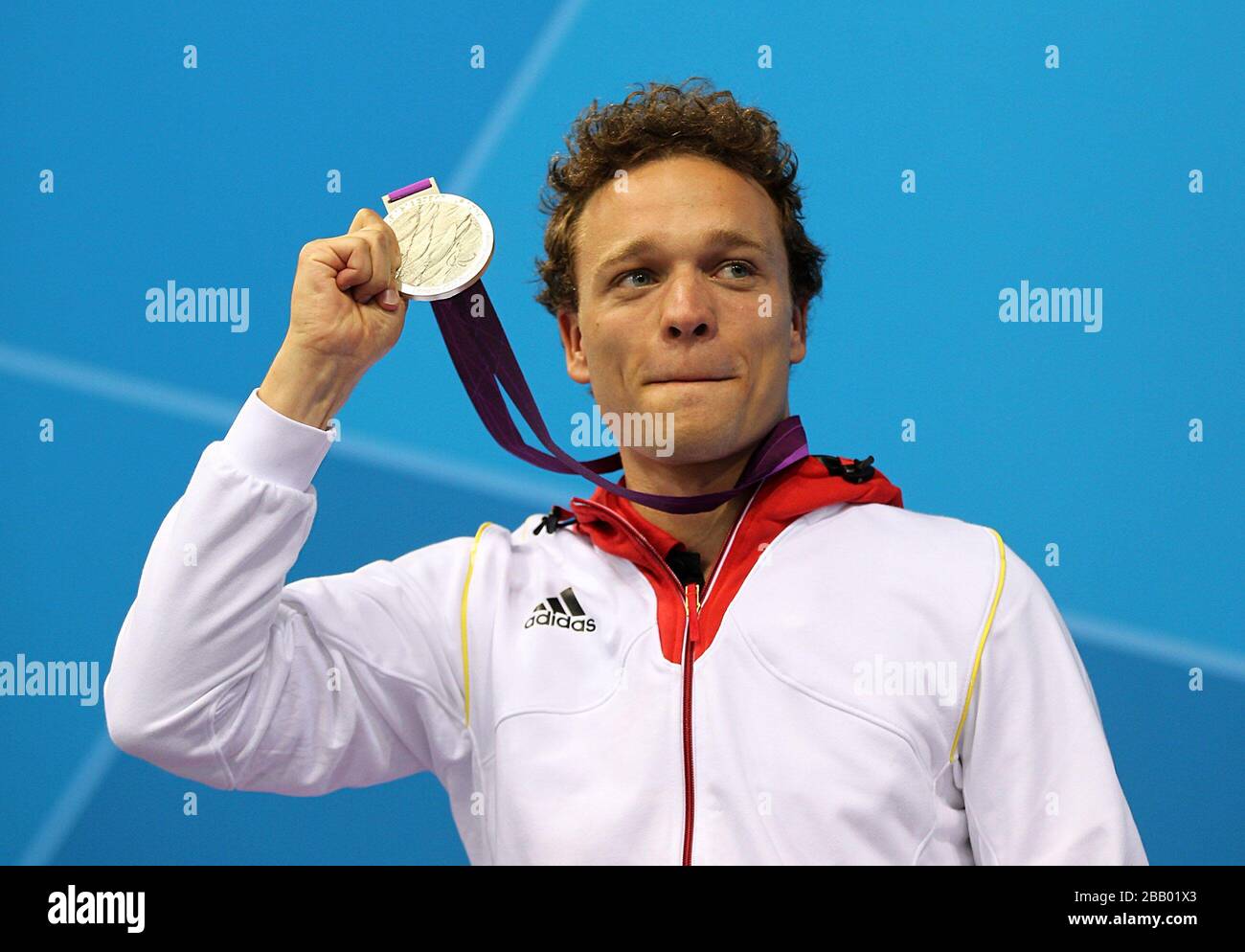 Silver Medalist Germany's Torben Schmidtke after the Men's 100m Breaststroke - SB6 Final at the Aquatics Centre, London. Stock Photo