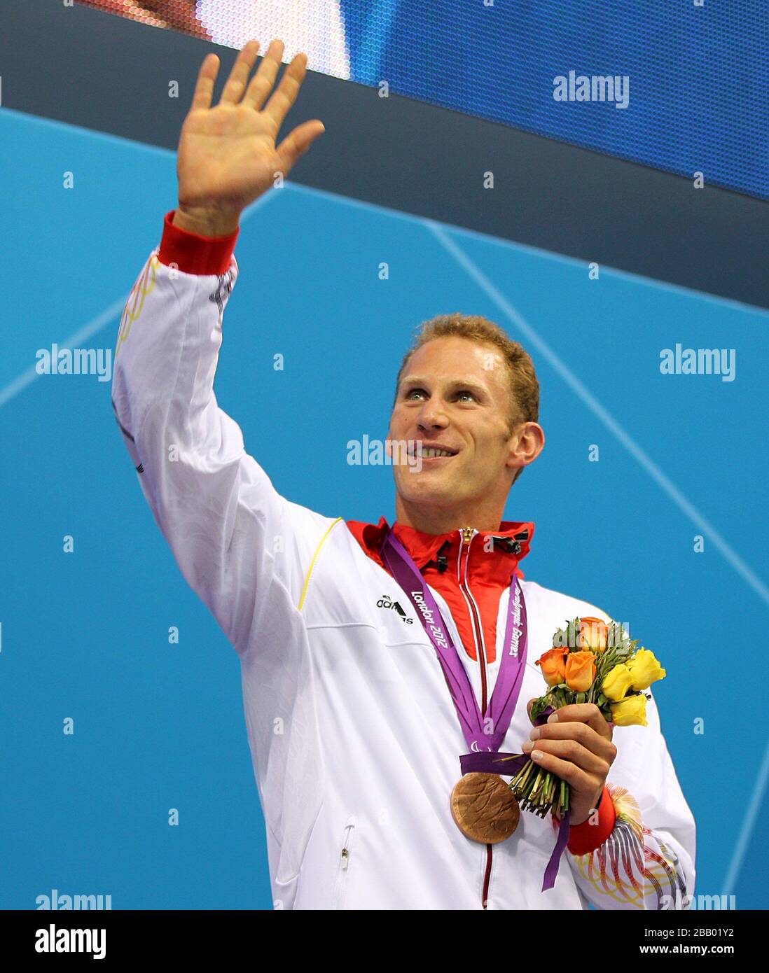 Bronze Medalist Germany's Christoph Burkard after the Men's 100m Breaststroke - SB6 Final at the Aquatics Centre, London. Stock Photo