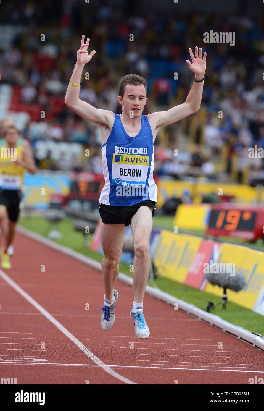 Great Britain's Matt Bergin celebrates as he wins the Men's 3000m U20 race Stock Photo