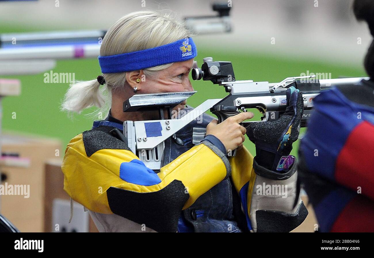 Sweden's Lotta Helsinger competes during the Women's R2-10m Air Rifle Standing SH1 at Woolwich Arsenal, London. Stock Photo