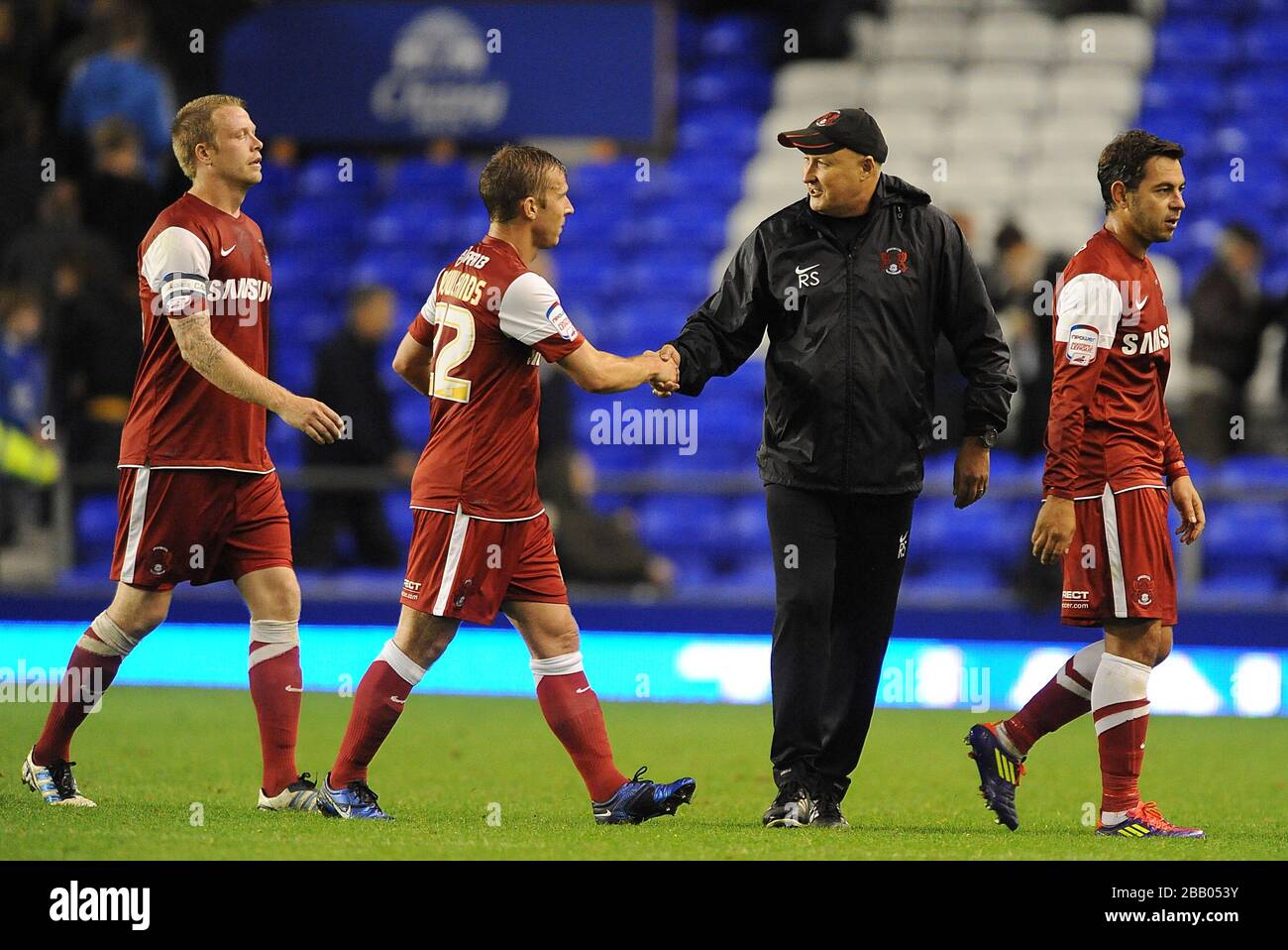 Leyton Orient manager Russell Slade (right) with Martin Rowlands (left) after the final whistle Stock Photo