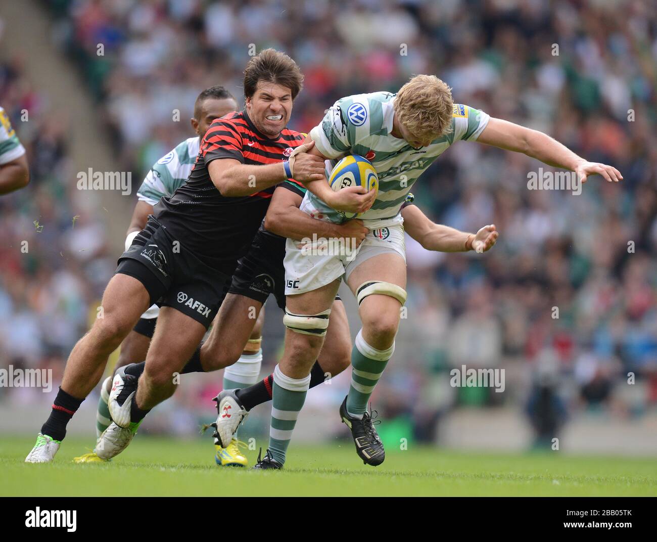 Saracens' Schalk Brits tackles London Irish's Jamie Gibson Stock Photo