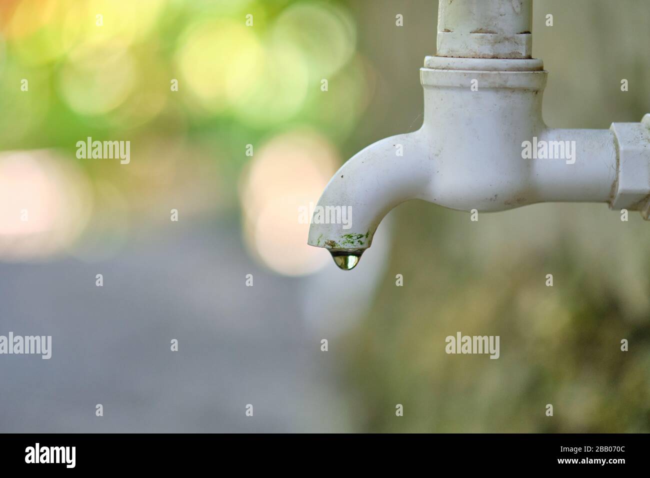 Dripping faucet in white close-up against the background of a green garden. Stock Photo