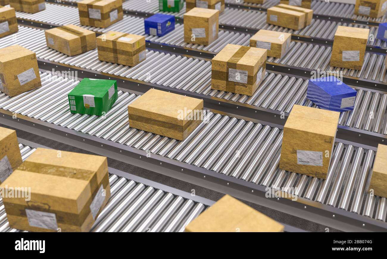 conveyor rollers with different types of packages. Shipping, logistics and manufacturing industry concept. 3d render. Stock Photo