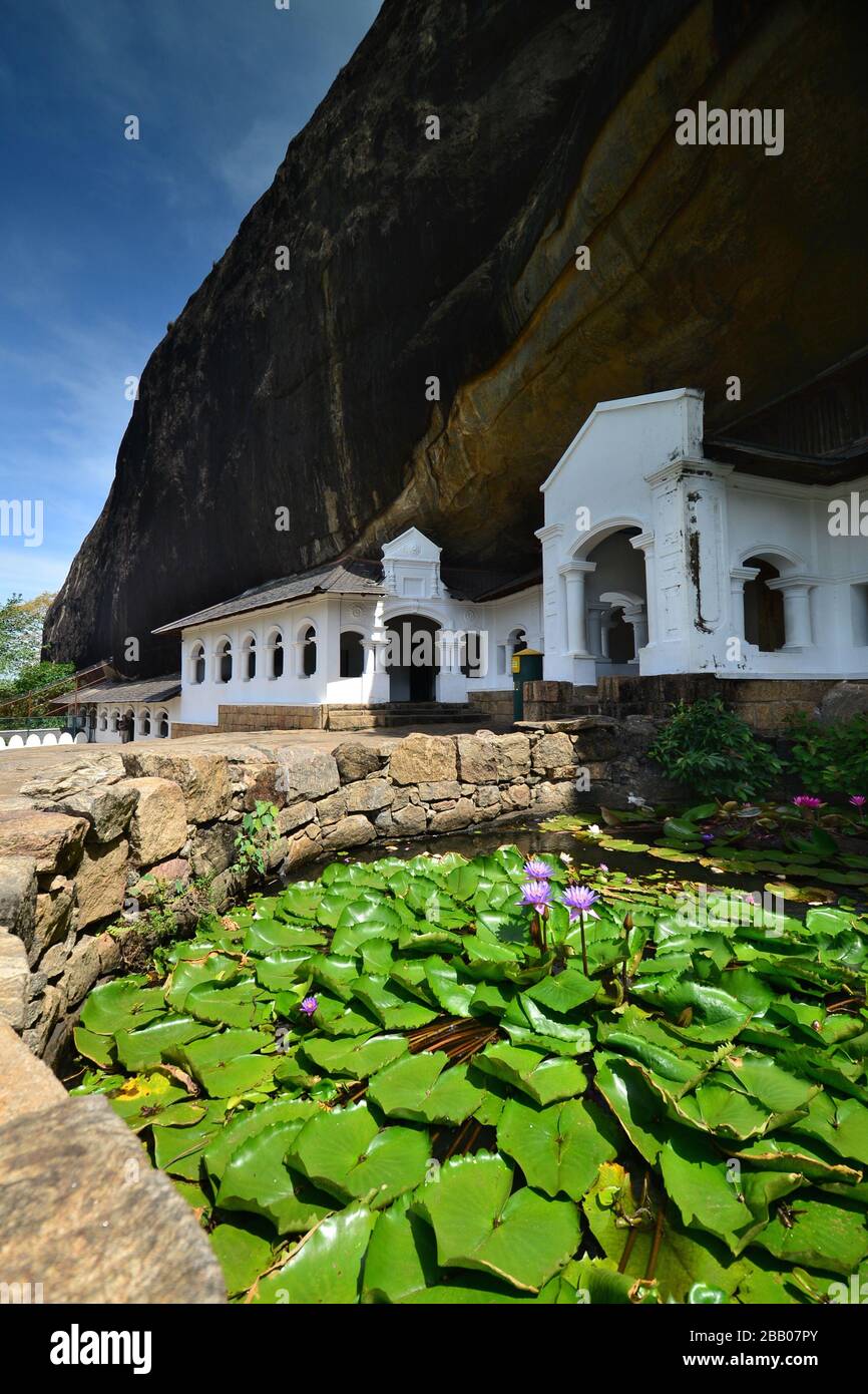 Dambulla Rock Temple, UNESCO World Heritage Site, with lily pond. Sri Lanka Stock Photo
