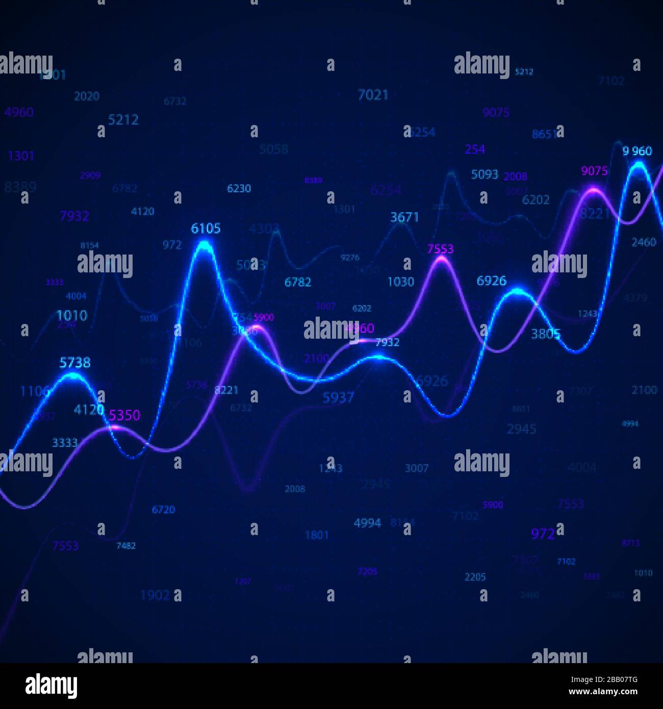 Business diagrams and charts on blue background with random numbers. Data analysis and statistic information. Template of economic and financial growt Stock Vector