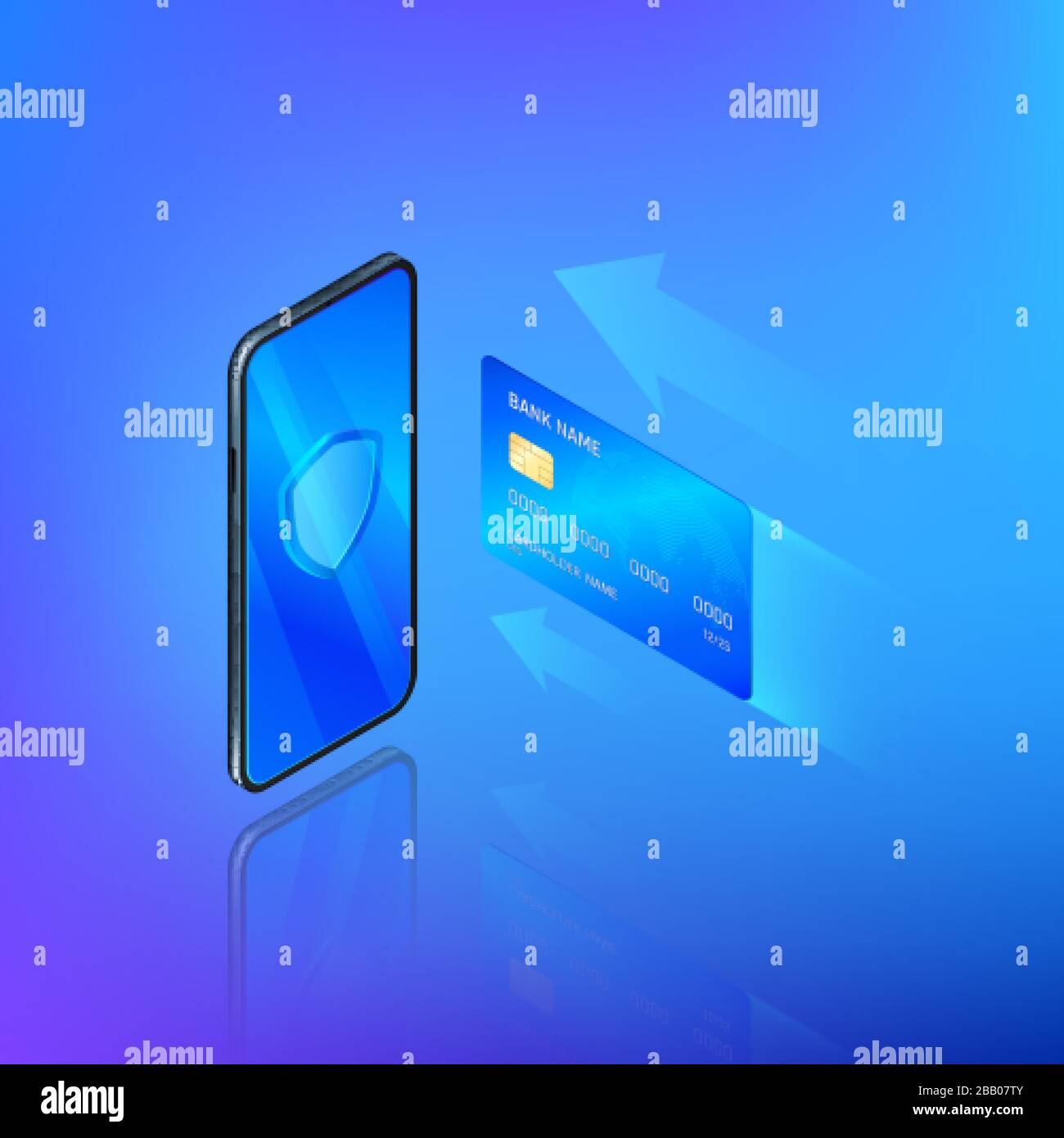 Banking online service in mobile app. Money transfer or internet shopping concept. Credit card and mobile phone with shield on screen. Security and pr Stock Vector