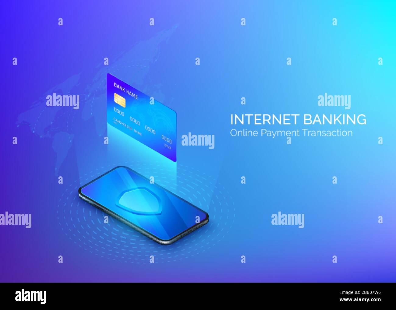 Money transfer or online payment. Banking online service. Internet shopping. Credit card above mobile phone isometric banner. Security and protection Stock Vector