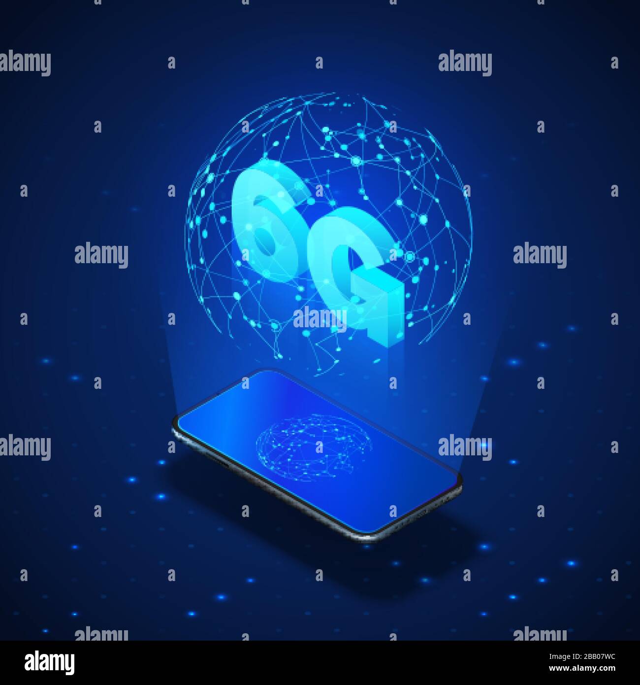 High speed 6G global mobile networks. Business isometric illustration smartphone with internet hologram and text 6g. Modern data transfer technology. Stock Vector