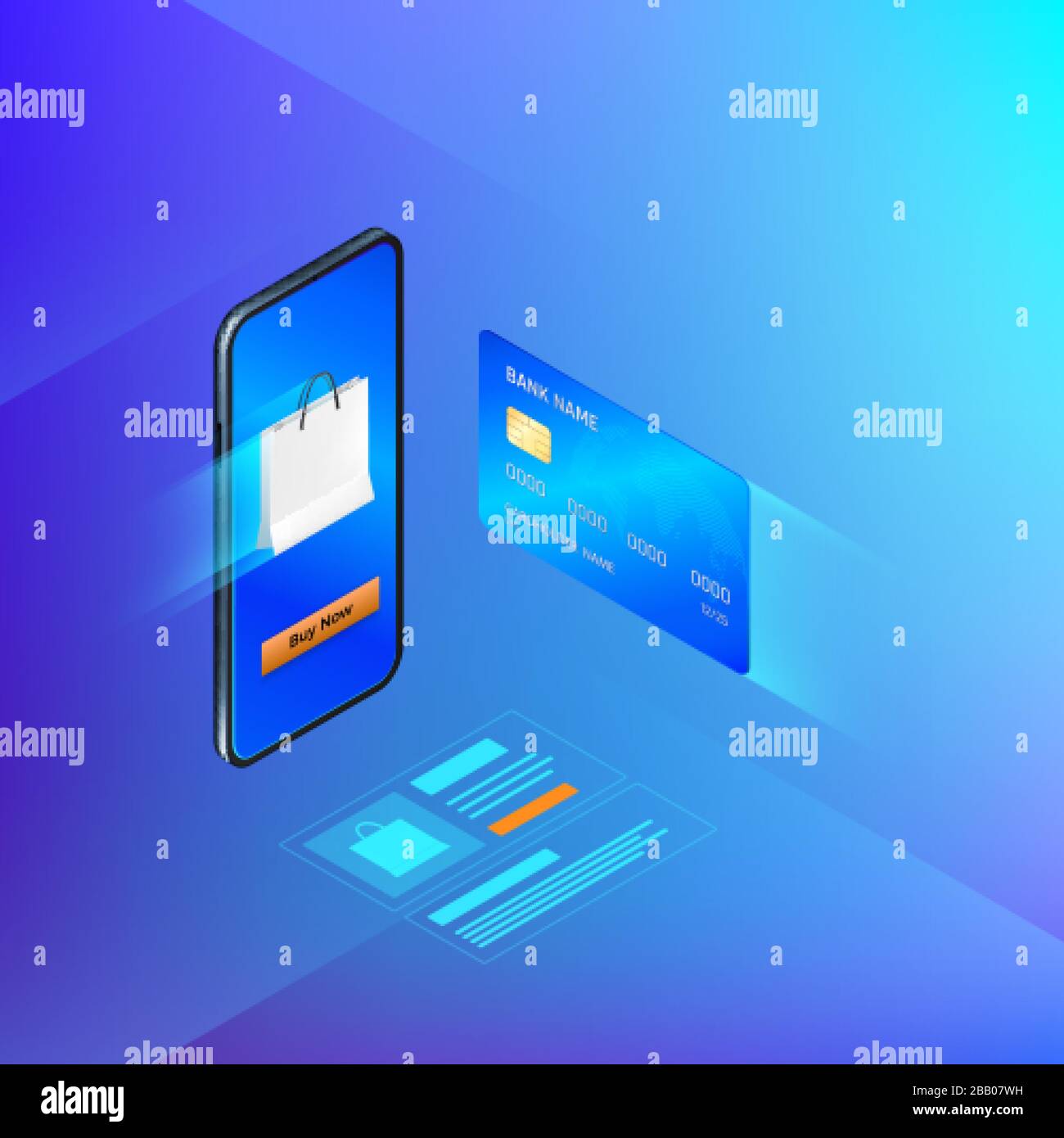 Banking online service in mobile app. Money transfer or internet shopping concept. Credit card and mobile phone. Vector isometric banner Stock Vector