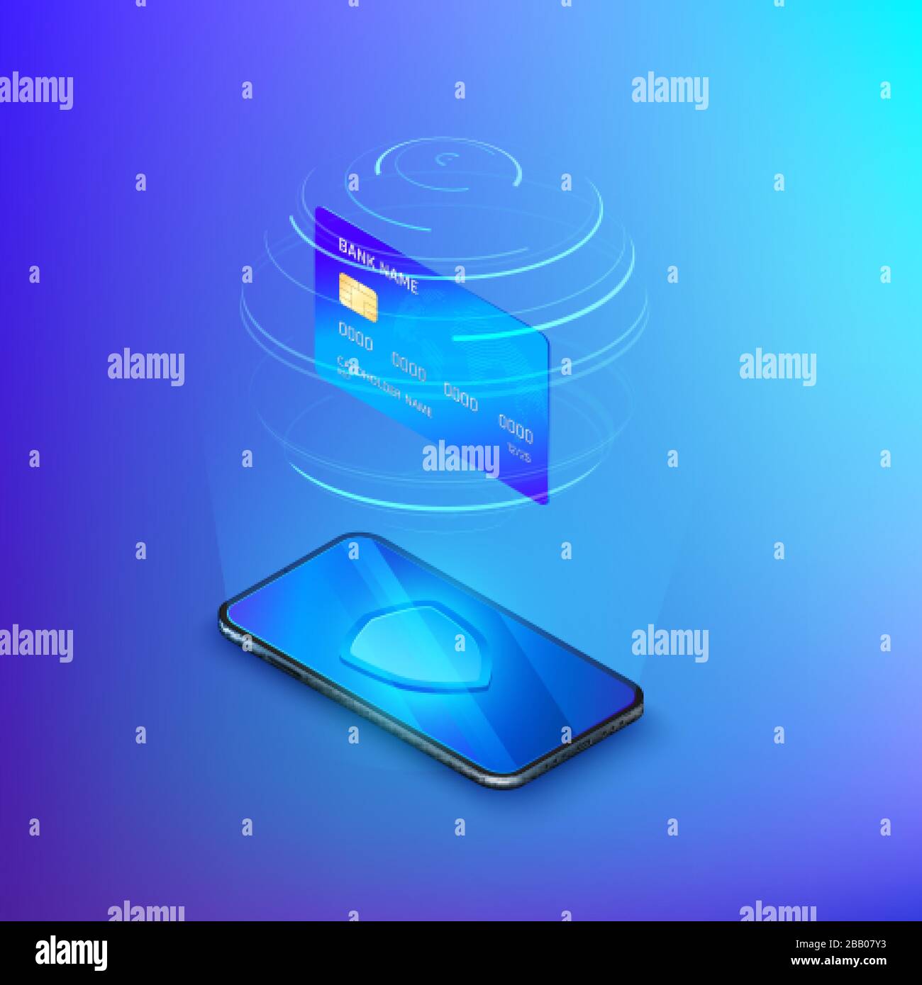 Banking online service. Money transfer or internet shopping concept. Credit card above mobile phone with shield on screen. Security and protection onl Stock Vector