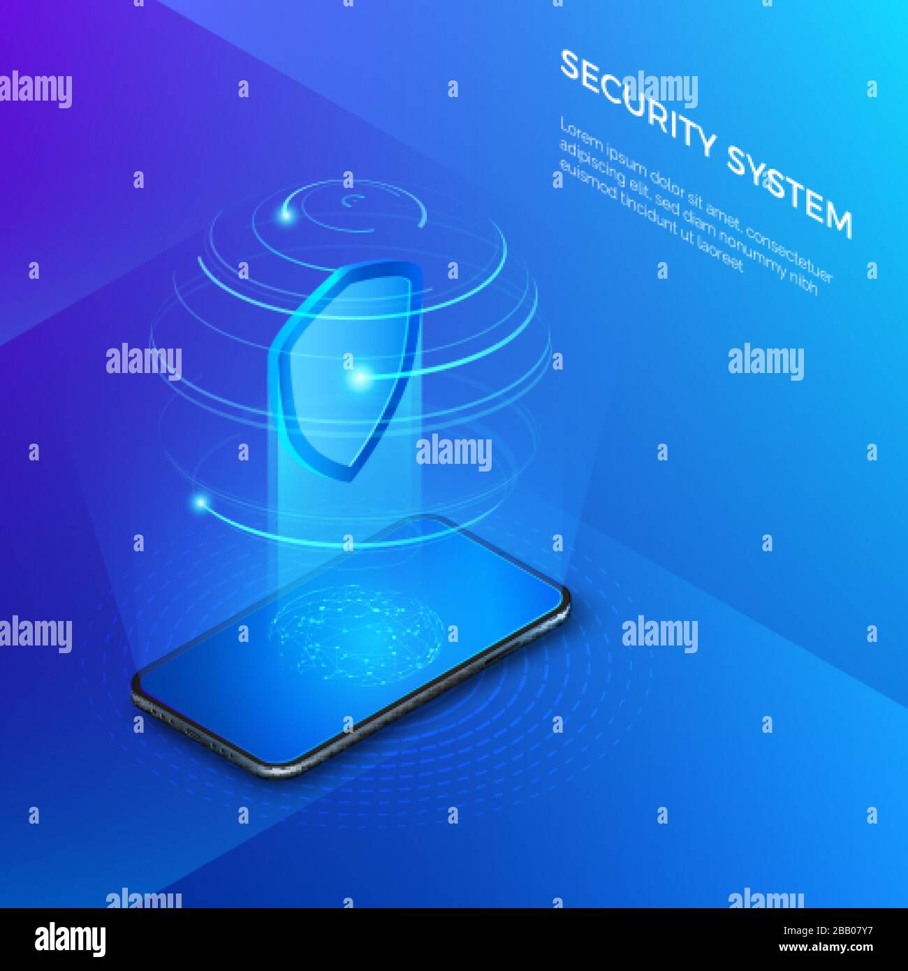 Security and protection private data. Mobile phone with shield hologram security system concept. Vector isometric illustration Stock Vector