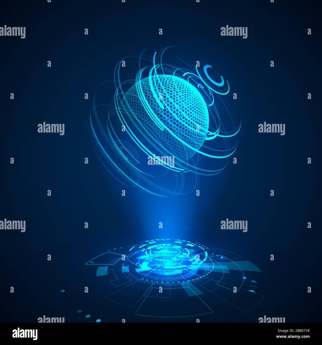Futuristic 3d radar. Hologram of abstract planet with speed lines. Sci-fi blue background. vr interface illustration or hud element. Vector Stock Vector