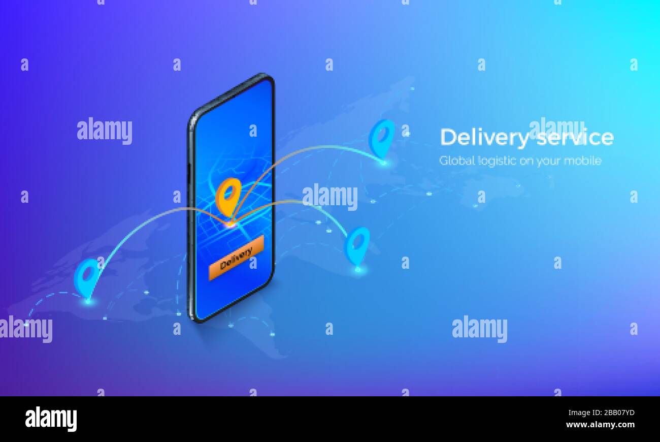 Interface of delivery service isometric banner. Mobile on global map with location pins and routes. gps or navigation on mobile app. Vector illustrati Stock Vector