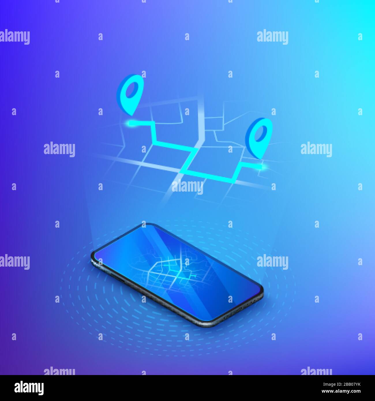 Navigation or gps in mobile. Delivery service isometric banner. Mobile app Taxi or shipping. City map on smartphone display with route hologram. Vecto Stock Vector