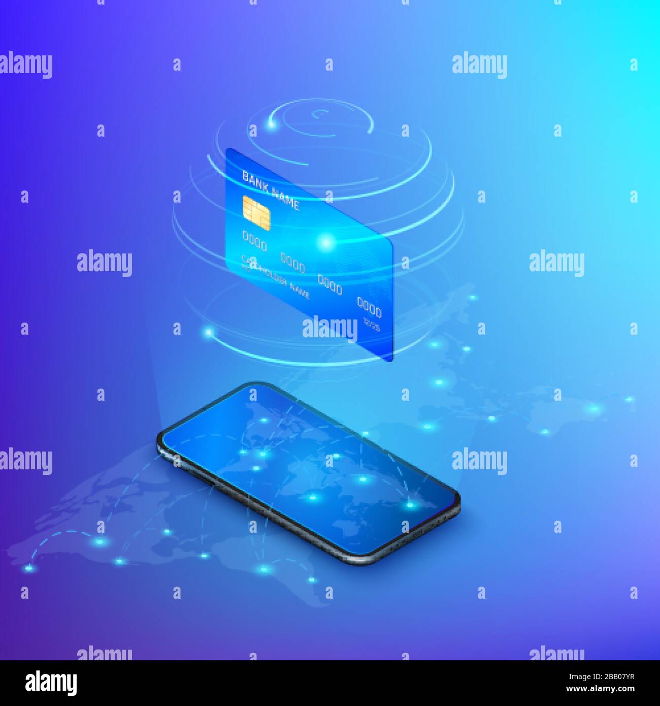 Banking online service. Money transfer or online payment. Internet shopping. Credit card above mobile phone with global map and transaction route. Vec Stock Vector