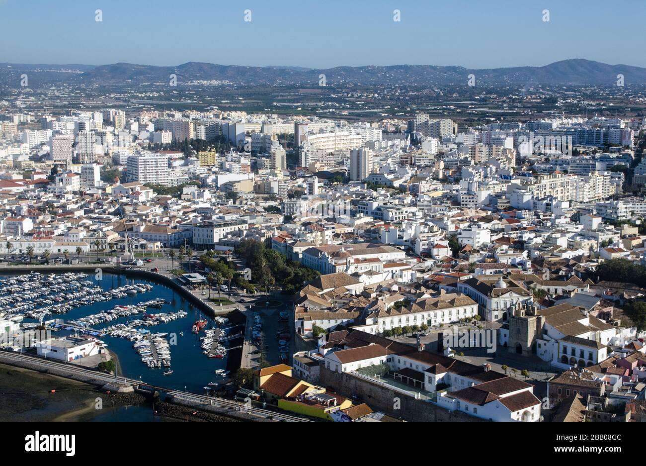 Aerial view of the historic centre of the city of Faro on the Algarve coast of Portugal.  Igreja de Santa Maria, Ginasio Clube Naval, Nucleo Museologi Stock Photo