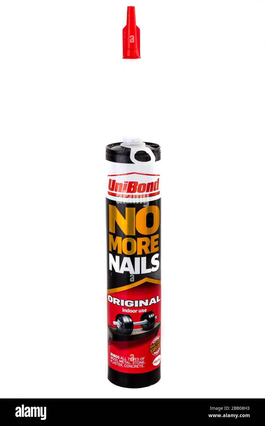 Unibond No More Nails, adhesive, DIY, repair, No More Nails, No More Nails tube, tube, Unibond, bonder, bonds, glue, glues, adhesives, cut out, cutout Stock Photo