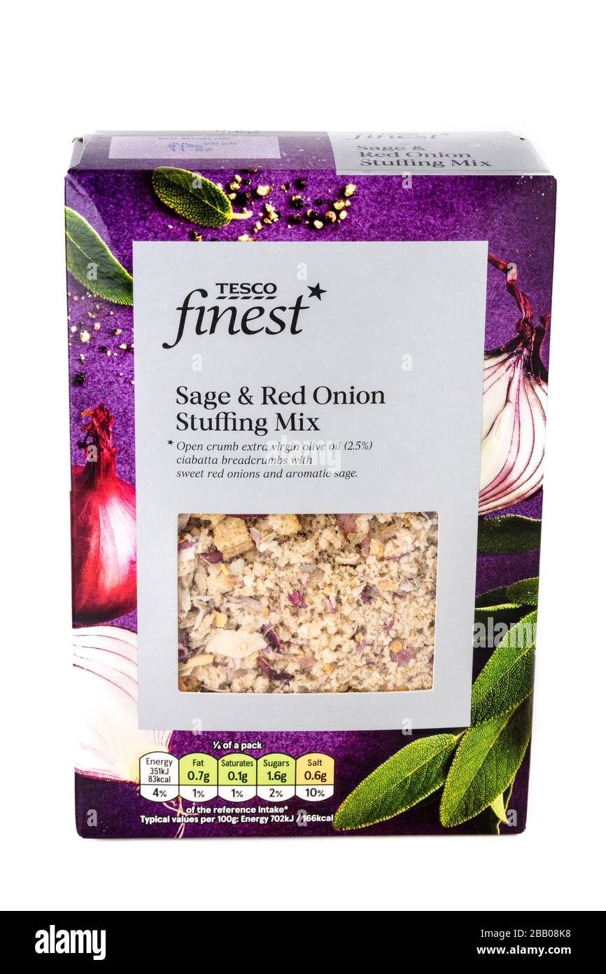 Tesco finest sage & red onion stuffing mix, Tesco finest range, sage onion stuffing, box, brand, Tesco, boxed, sage onion stuffing mix, cut out, Stock Photo