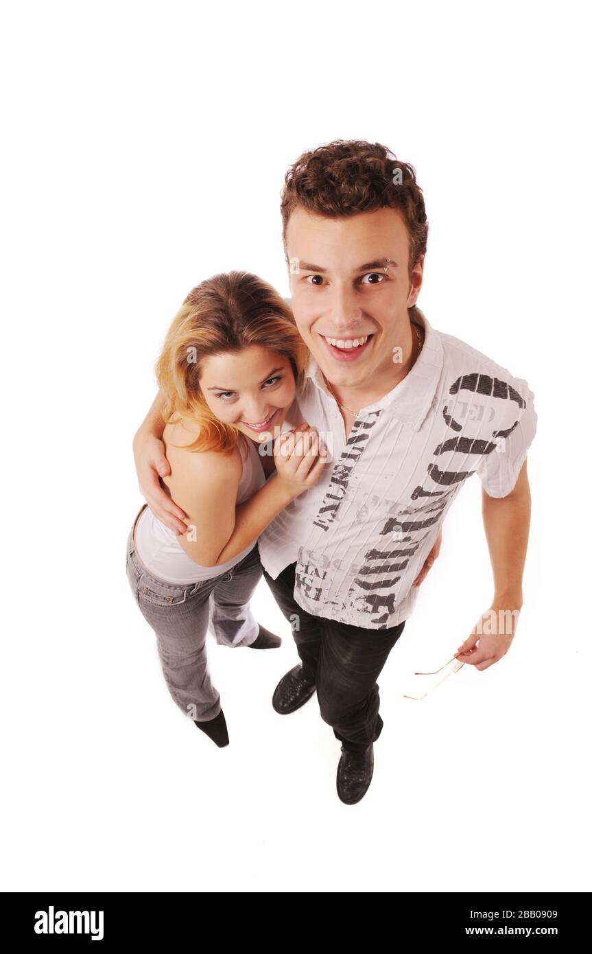 Young happy attractive smiling couple isolated on white background ...