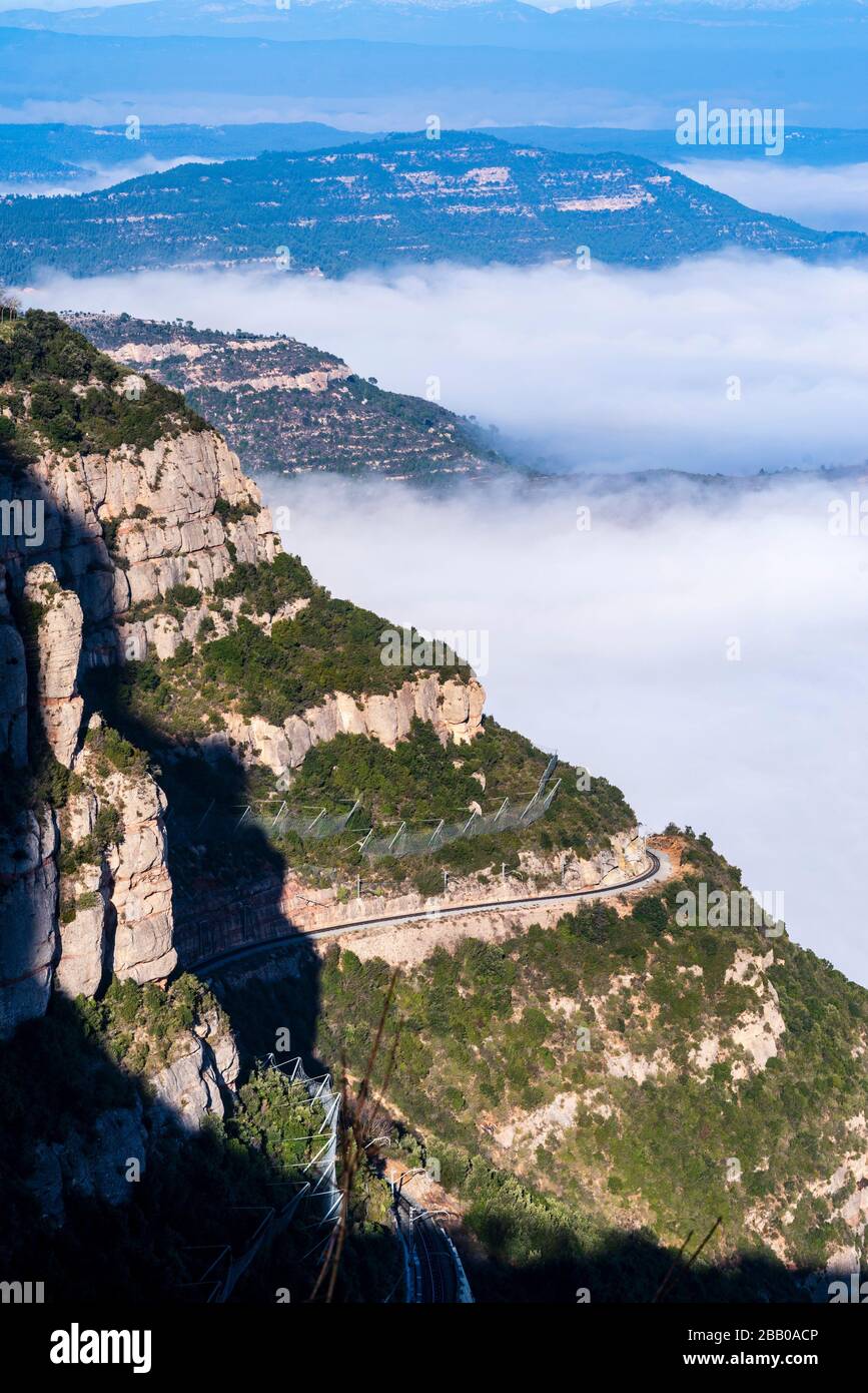 Mountain and basilica of Montserrat, Aerial view of central Catalonia, Manresa area, Barcelona, Catalonia, Spain. Stock Photo