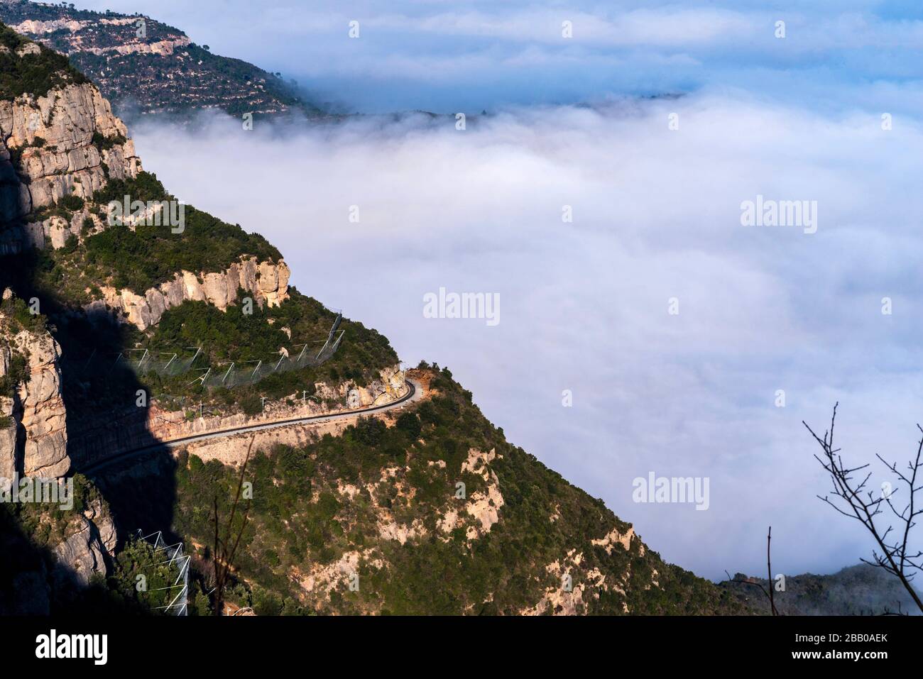 Mountain and basilica of Montserrat, Aerial view of central Catalonia, Manresa area, Barcelona, Catalonia, Spain. Stock Photo