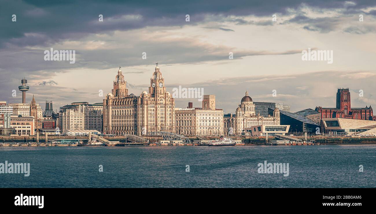Liverpool waterfront, pier head, liver buildings, cunard buildings Anglican cathedral  on the River Mersey,Liverpool England UK Stock Photo