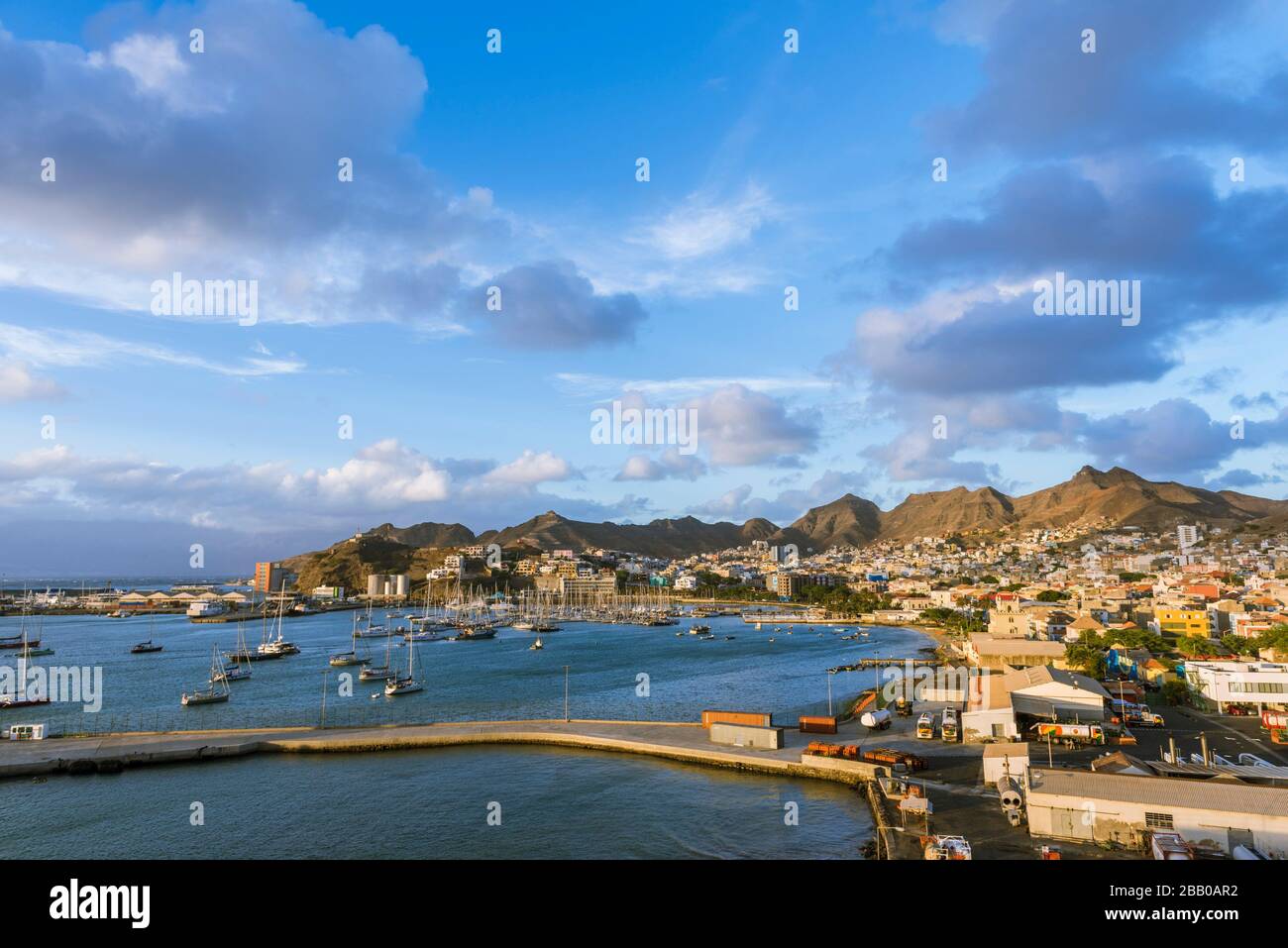 The City of Mindelo and Porto Grande Bay, Mindelo, Sao Vicente, Cape Verde Islands, Africa. Stock Photo