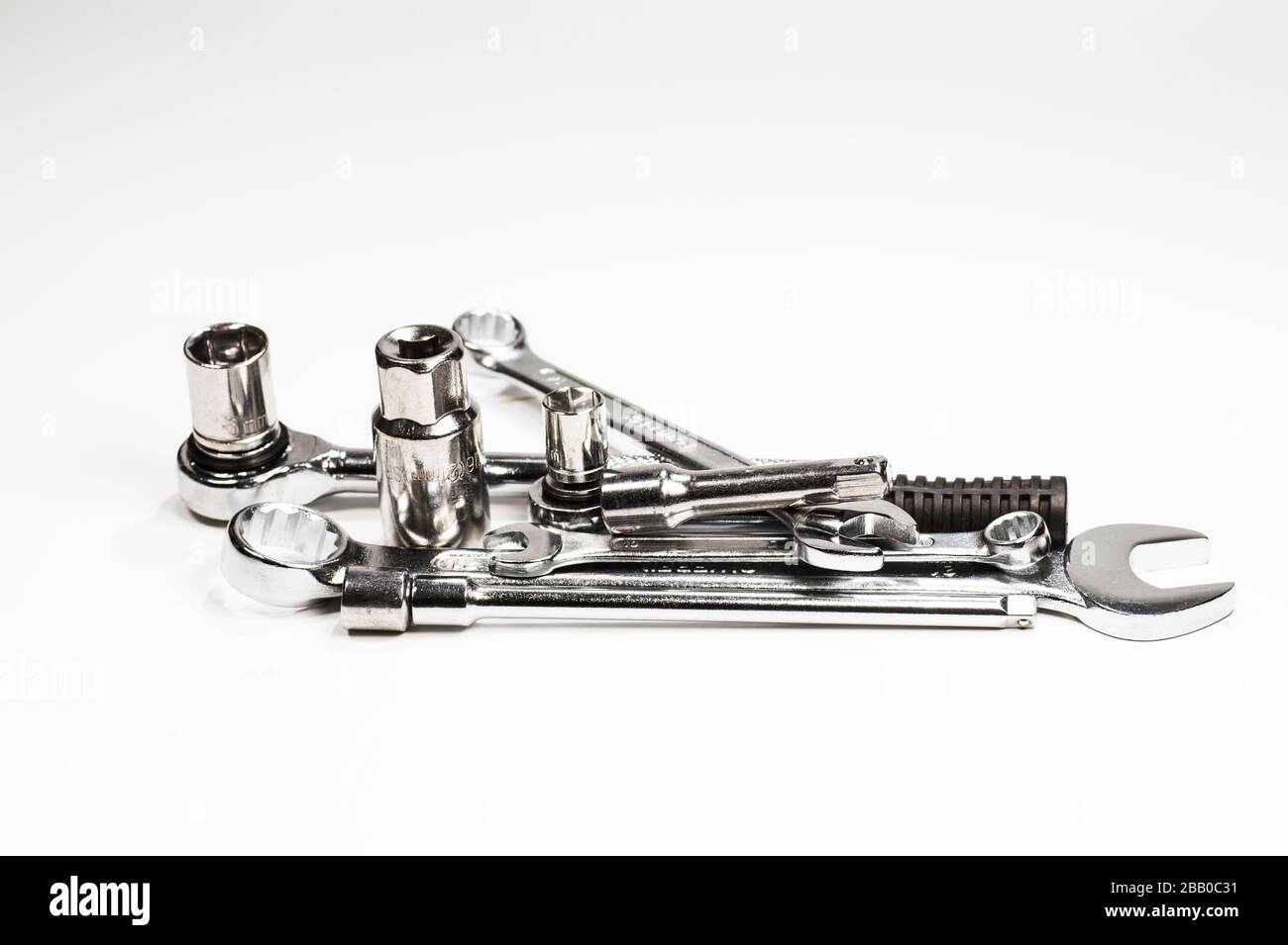 Chrome vanadium steel. Spanners and socket wrenches on white background. Stock Photo