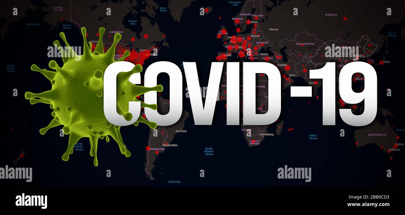 Pandemic COVID-19 3d render concept: Coronavirus tentacles wrapping Covid-19 text on blurry world map with infected countries. Covid-19 around the wor Stock Photo