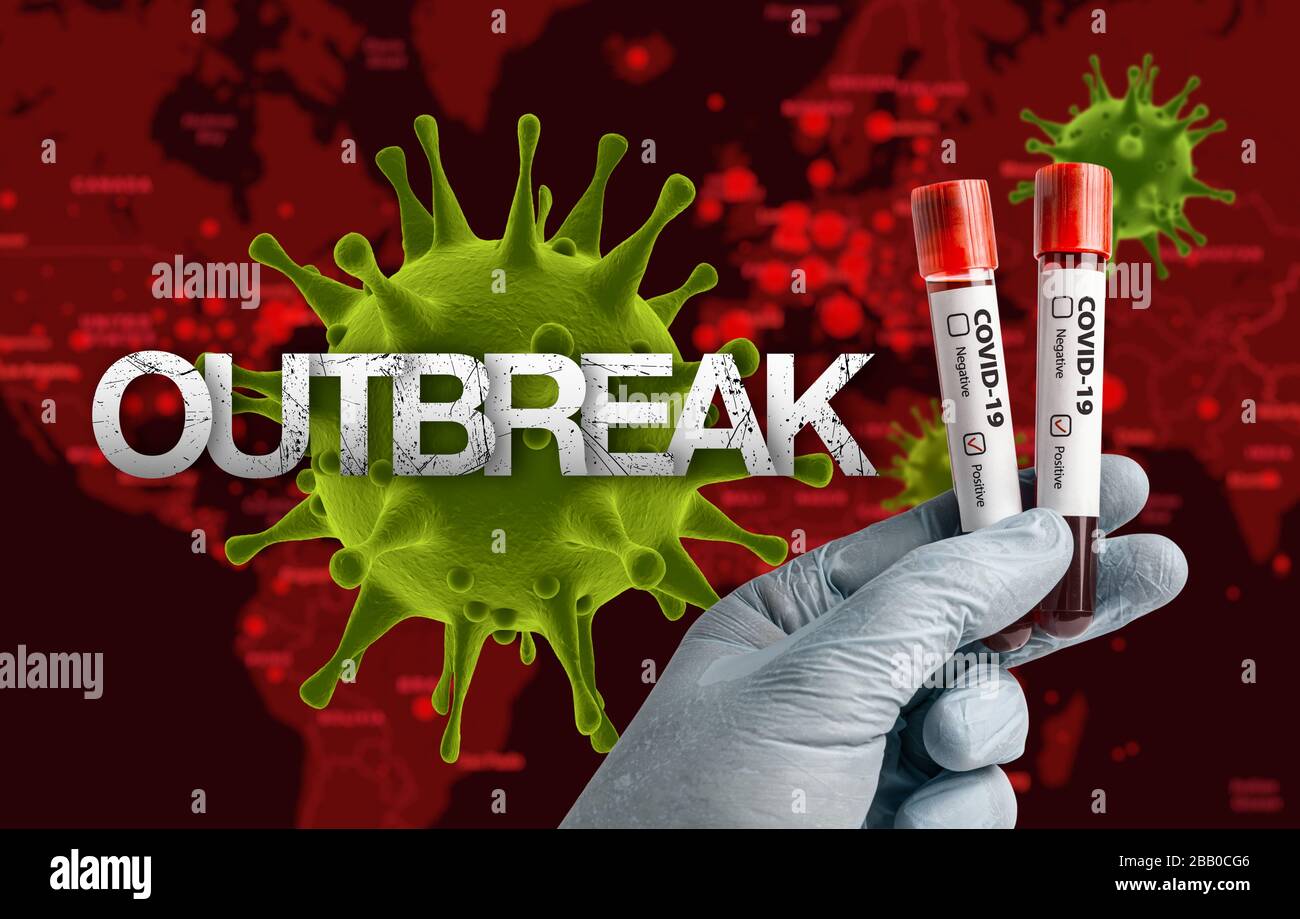 Pandemic COVID-19 3d render concept: Scientist holding blood sample in test tubes with positive test result marked.  Outbreak message in  front of inf Stock Photo